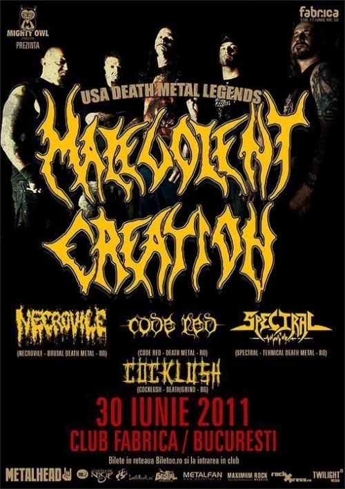 Concert Malevolent Creation, Necrovile, Code Red, Spectral si Cocklush in Club Fabrica